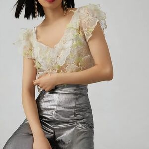 Amthropologie Sheer Applique Top - Ivory/green - XL - NWOT